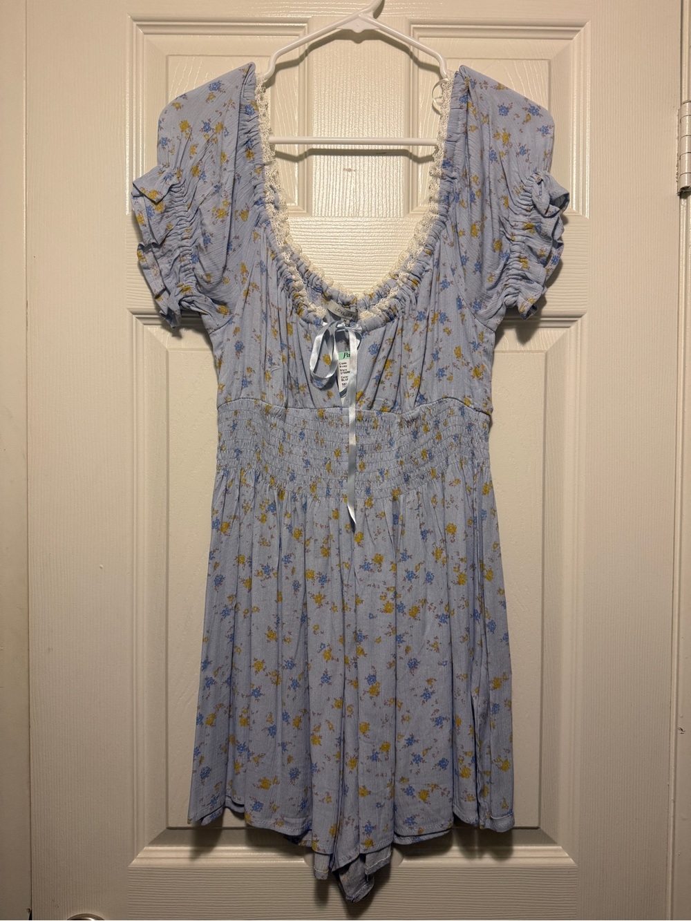 Love Tree Pastel Blue Floral Romper with Satin Tie and Lace
